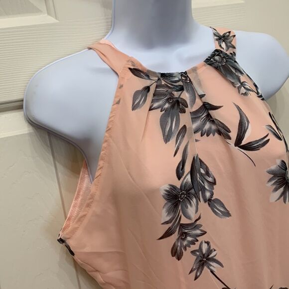 Fashion Mia Large Scoop Neck Short Sleeve Tie Back Peach Gray Floral Maxi Dress - Picture 4 of 14